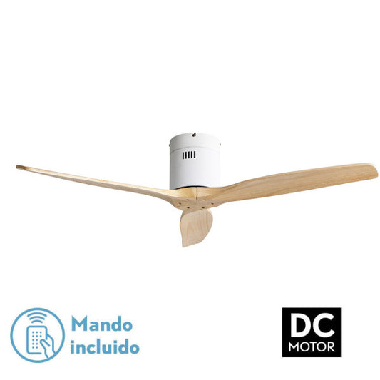 Ventilador de techo Aguilón Blanco de Fabrilamp con aspas de haya, mando a distancia y temporizador.  Modelo 128290368