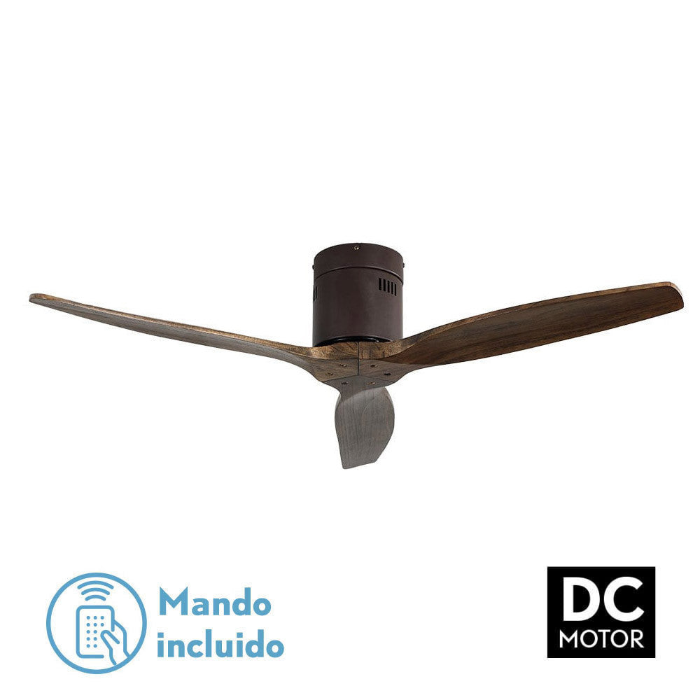 Ventilador Aguilón fabricado en metal color marrón y aspas de madera color roble