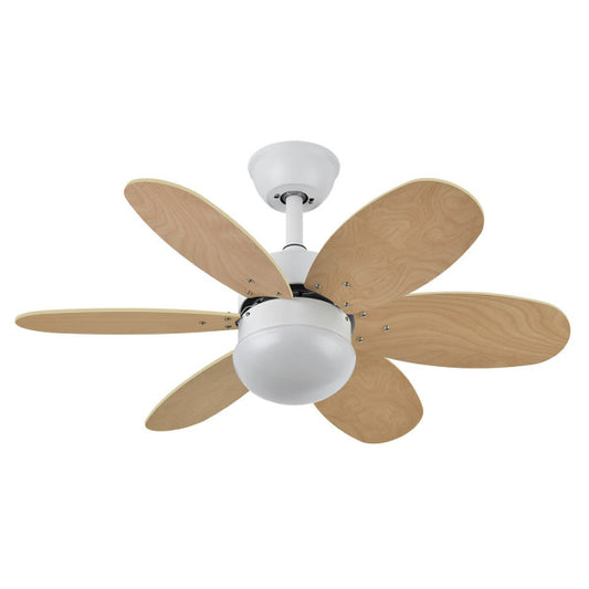 Ventilador de Techo Alves 85 cm Blanco con Aspas Reversibles y Mando Fabrilamp instalada en ambiente decorativo de salón o dormitorio | Fabrilamp / Abrila