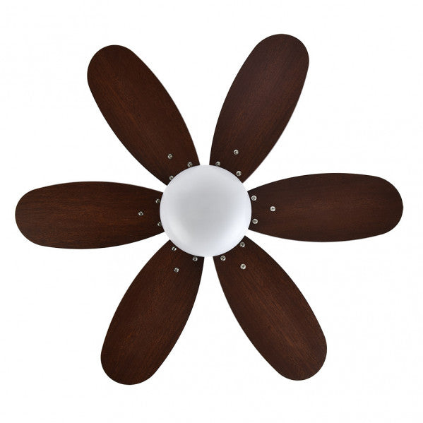 Ventilador de Techo Alves 85 cm Cuero con Aspas Cerezo/Nogal Fabrilamp encendida con proyección de luz y ambiente | LuzGurú