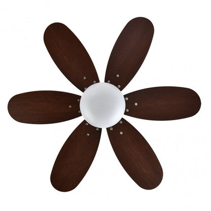 Ventilador de Techo Alves 85 cm Cuero con Aspas Cerezo/Nogal Fabrilamp encendida con proyección de luz y ambiente | LuzGurú