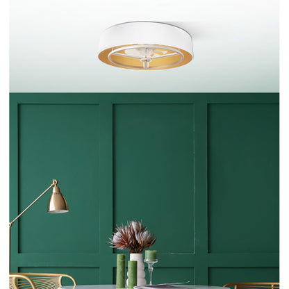 Elegante ventilador de techo blanco y dorado ideal para el salón