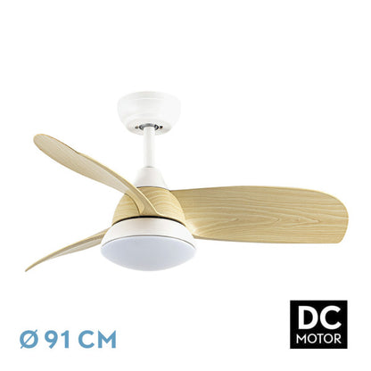 Ventilador de techo Atomo DC 24W blanco y haya, con 3 aspas y mando a distancia, de Fabrilamp en luzguru.com