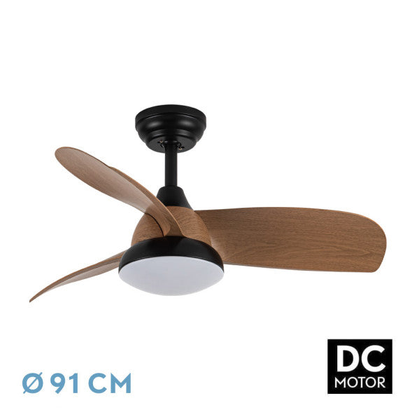 Ventilador de techo ATOMO negro con aspas de madera oscura, mando a distancia incluido.