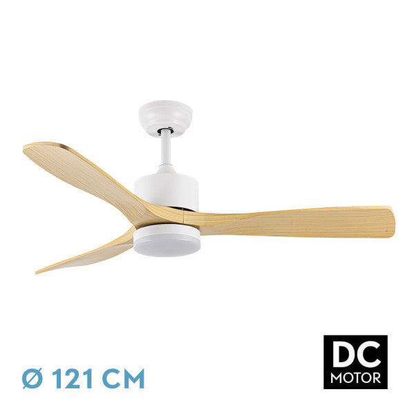 Ventilador Azabache DC 20W blanco y haya, vista frontal, Fabrilamp