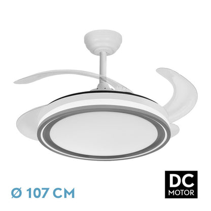 Ventilador DC Bandido 59W Fabrilamp, vista frontal, blanco y gris, 4 aspas.