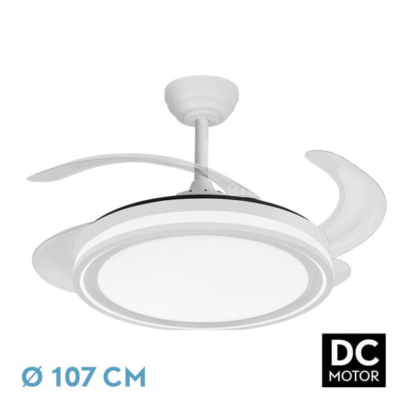 Ventilador DC Bandido 59W blanco de Fabrilamp, vista frontal con aspas plegadas.