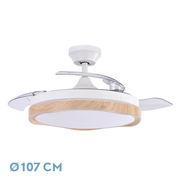 Ventilador de techo BlonDi Blanco/Haya con aspas retractiles, luz LED integrada y mando a distancia. luzguru.com