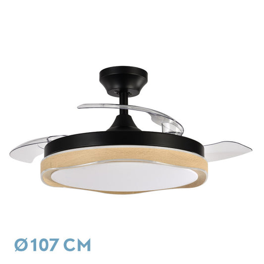 Ventilador de techo Blondie negro/madera con aspas retráctiles, 7200 lúmenes y mando a distancia. luzguru.com