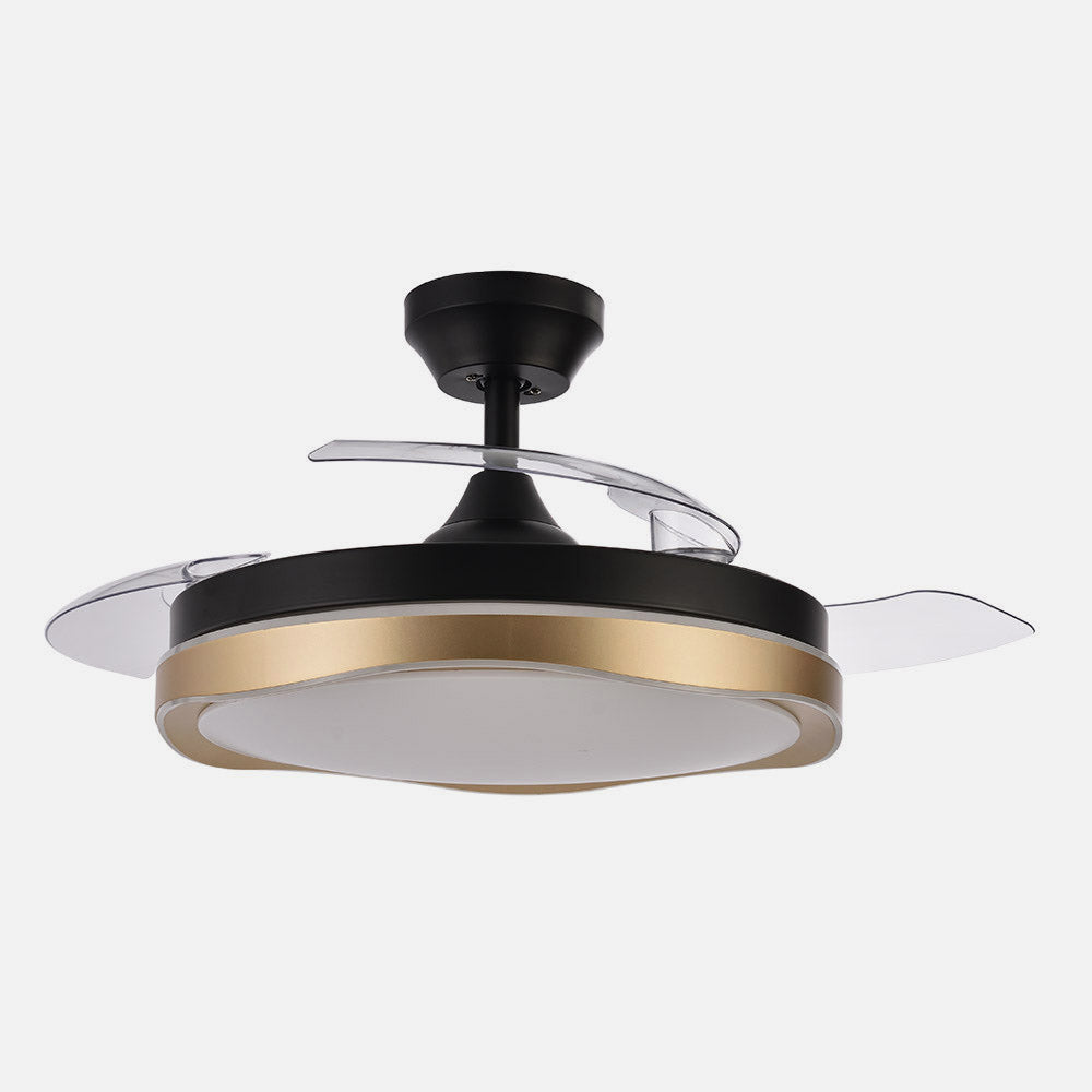 Elegante ventilador negro y dorado ideal para el salón