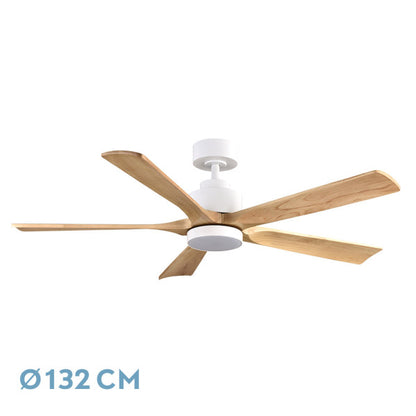 Ventilador de techo Cairo DC 24W de Fabrilamp en blanco/haya, 5 aspas, 132cm de diámetro. luzguru.com