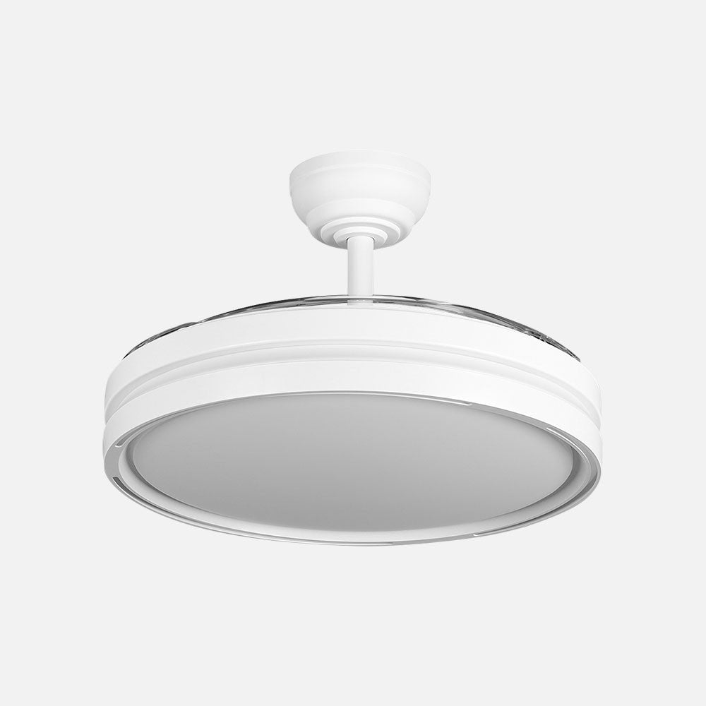 Ventilador CAPITAN fabricado en metal color blanco con aspas de policarbonato transparente