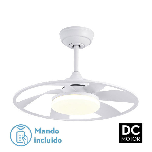 Ventilador de techo Celsius 26W blanco de Fabrilamp, con 6 aspas y mando a distancia.