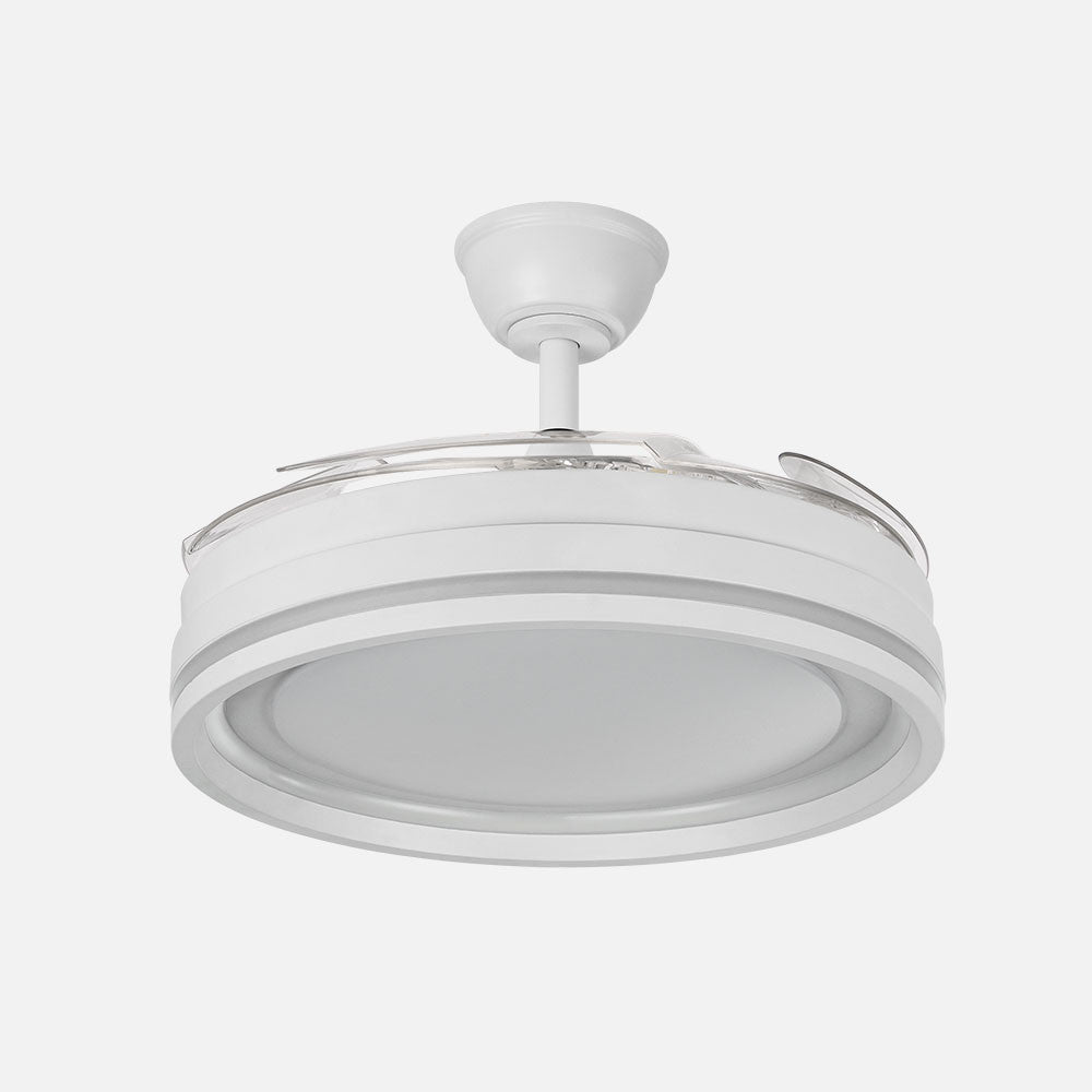 Ventilador Cerrato fabricado en metal color blanco con aspas de ABS