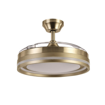 Vista detallada del ventilador de techo Cerrato Cuero, destacando el mando a distancia y las funciones de temporizador.