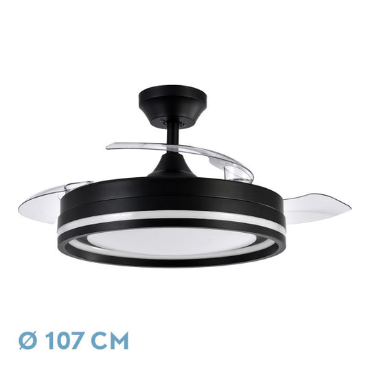 Ventilador de techo CERRATO negro con aspas desplegadas, mostrando su diseño moderno y elegante.