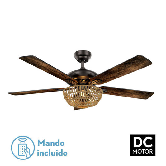 Ventilador de techo Cesta Negro de Fabrilamp, vista frontal, 5 aspas de madera nogal/roble