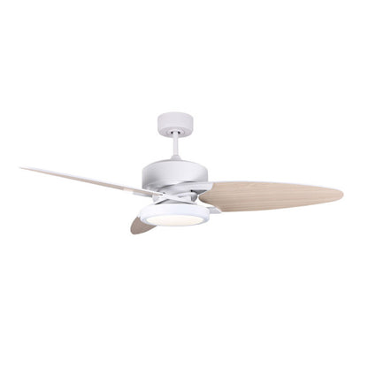 Ventilador de techo Fabrilamp Cross 30W blanco con aspas reversibles blanco/haya, detalle del mando a distancia.