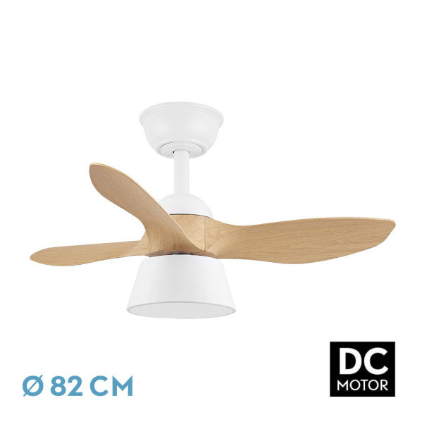 Ventilador de techo Cubico 36W de Fabrilamp, color blanco/haya, con mando a distancia y temporizador.