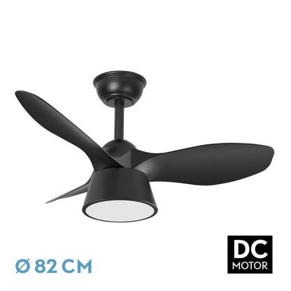 Ventilador de techo Cubico negro de Fabrilamp con tres aspas y luz LED integrada.  Mando a distancia incluido.