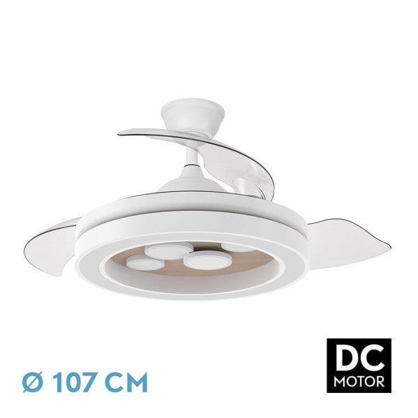 Ventilador DC Cupido 59W Blanco/Haya, vista frontal con aspas desplegadas