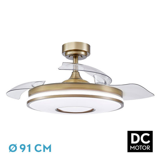 Ventilador DC Dani Cuero 48W 4800lm con 3 aspas, 6 velocidades y mando a distancia. Fabrilamp en luzguru.com