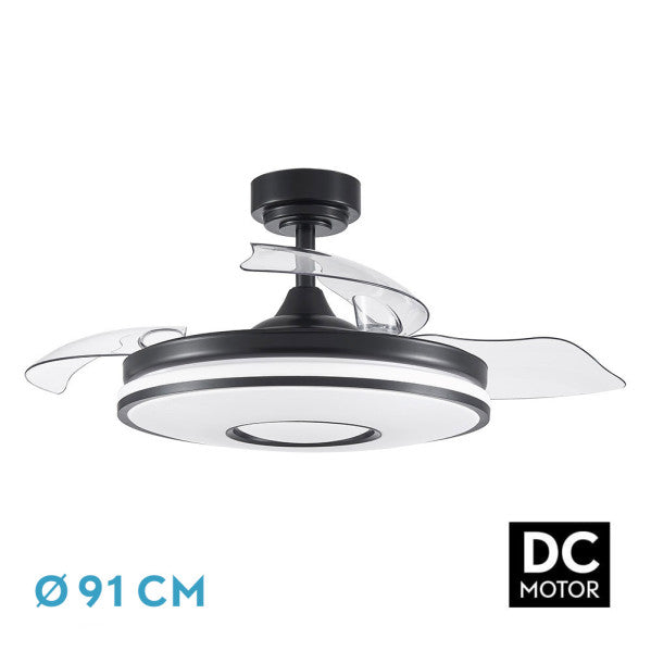 Ventilador DC Dani 48W 4800lm Negro de Fabrilamp, 3 aspas, 6 velocidades, mando a distancia. luzguru.com