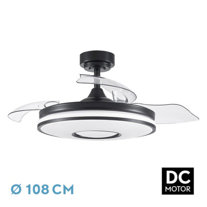 Ventilador de techo DC Dani 72W 7200lm negro de Fabrilamp, vista frontal.