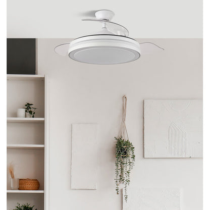 Ventilador de Techo Esparta Mini 91 cm Blanco con Luz LED Fabrilamp encendida con proyección de luz y ambiente | LuzGurú