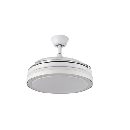 Ventilador de Techo Esparta Mini 91 cm Blanco con Luz LED Fabrilamp instalada en ambiente decorativo de salón o dormitorio | Fabrilamp / Abrila
