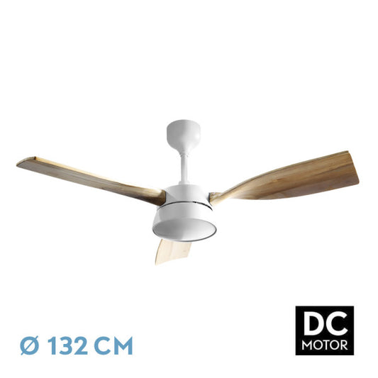 Ventilador de techo Estio 24W de Fabrilamp, color blanco/haya, con aspas de madera y mando a distancia.