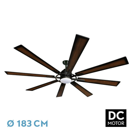 Ventilador de techo Fabrilamp Fusion 24W, negro y roble, con 8 aspas y 183cm de diámetro.