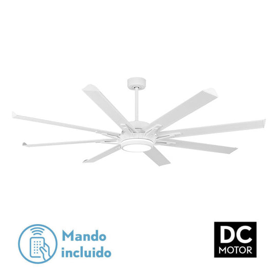 Ventilador DC Grado 30W+15W blanco de 8 aspas de aluminio, con control remoto, memoria y temporizador. Fabrilamp.