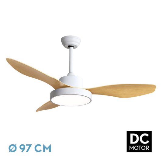 Ventilador de techo Hayate 24W de Fabrilamp, color blanco/haya, con mando a distancia y temporizador.