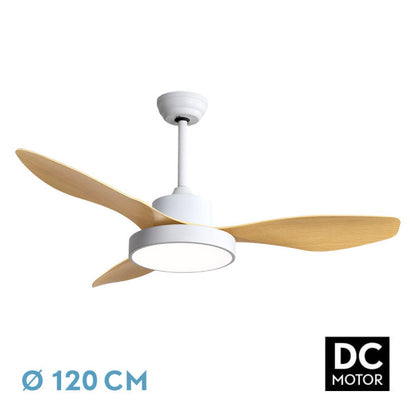 Ventilador de techo Hayate 48W Fabrilamp, blanco y haya, con tres aspas y mando a distancia.