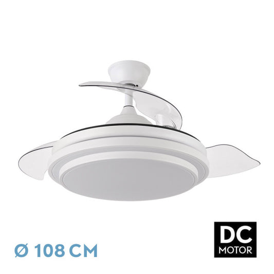 Ventilador de techo IBE blanco con aspas retractiles, mando a distancia y luz LED integrada.