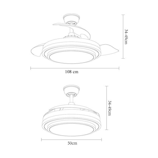 Ventilador de techo IBE 59W negro con aspas desplegadas.