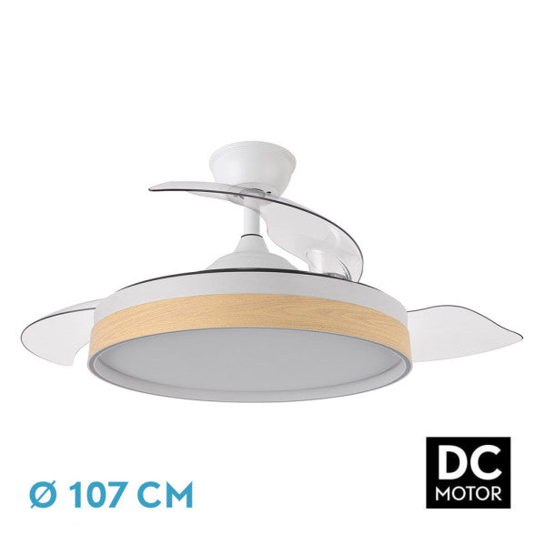 Ventilador de techo Iglu DC 59W Fabrilamp, blanco haya, aspas retractiles, vista frontal.