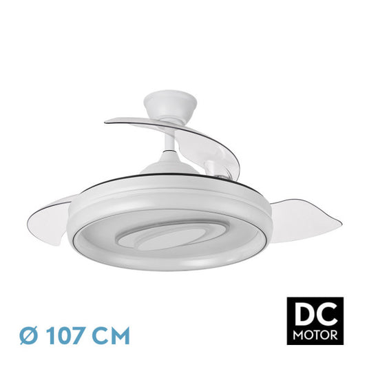 Ventilador DC Maracana 59W Blanco, vista frontal con aspas plegadas