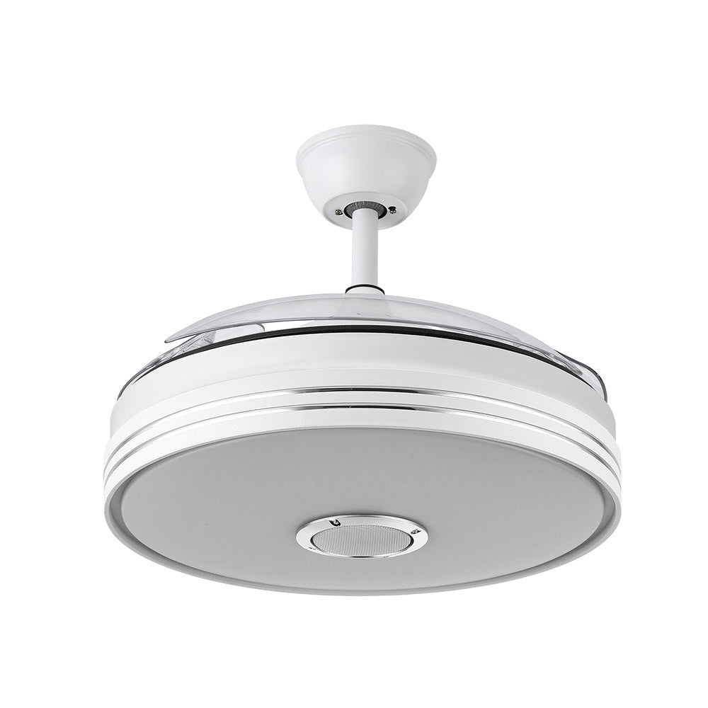 Ventilador Matanuska fabricado en metal color blanco con aspas de policarbonato transparente