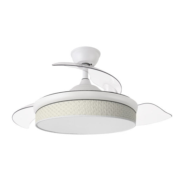 Ventilador de techo Fabrilamp Moda 72W, vista detallada, blanco y cañizo, aspas desplegadas.