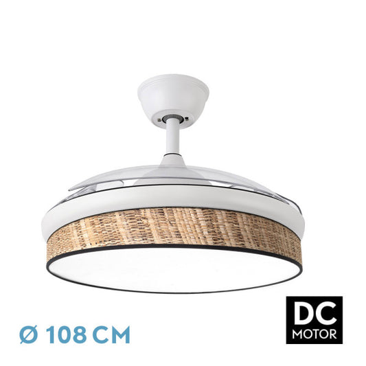 Ventilador de techo Fabrilamp MODA, color blanco y cañizo oscuro, con aspas retractiles de 108cm de diametro.