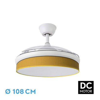 Ventilador de techo Fabrilamp MODA, blanco y amarillo, aspas retráctiles, vista frontal.