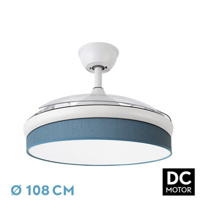 Ventilador de techo Fabrilamp MODA, blanco y azul, aspas retráctiles, vista frontal.