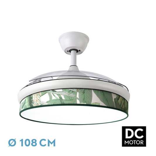 Ventilador de techo Fabrilamp MODA 72W, blanco con difusor hoja verde, aspas desplegadas