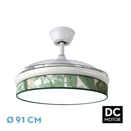 Ventilador de techo Fabrilamp MODA 72W, blanco con difusor hoja verde, aspas plegables.