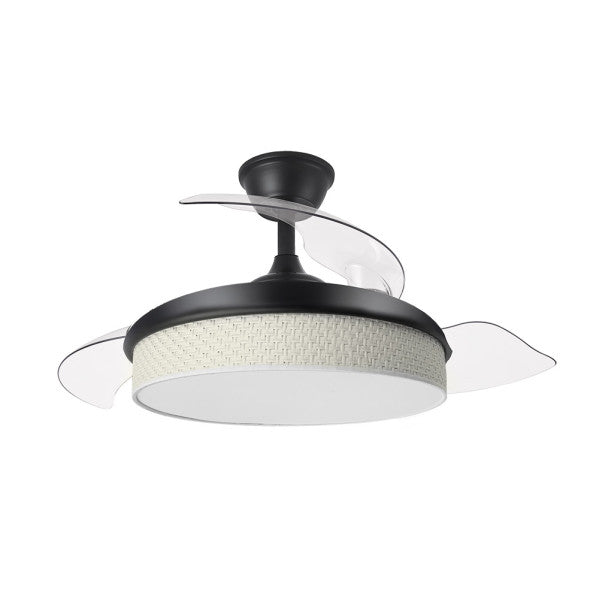 Ventilador de techo Fabrilamp Moda DC 72W, detalle de las aspas, negro y cañizo blanco.