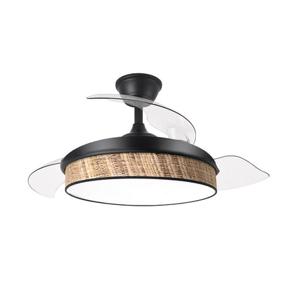 Ventilador fabricado en metal negro y ABS transparente, con difusor de cañizo oscuro