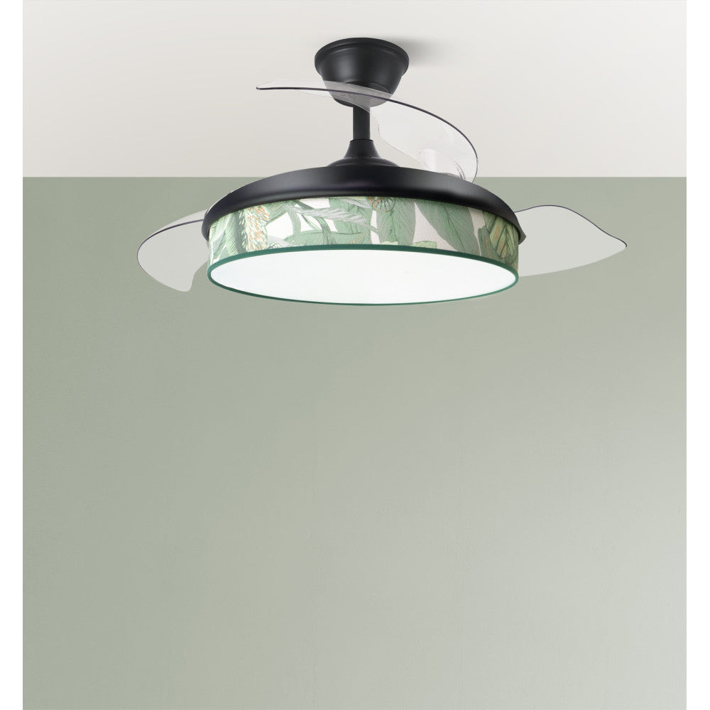 Elegante ventilador negro y verde ideal para el salón
