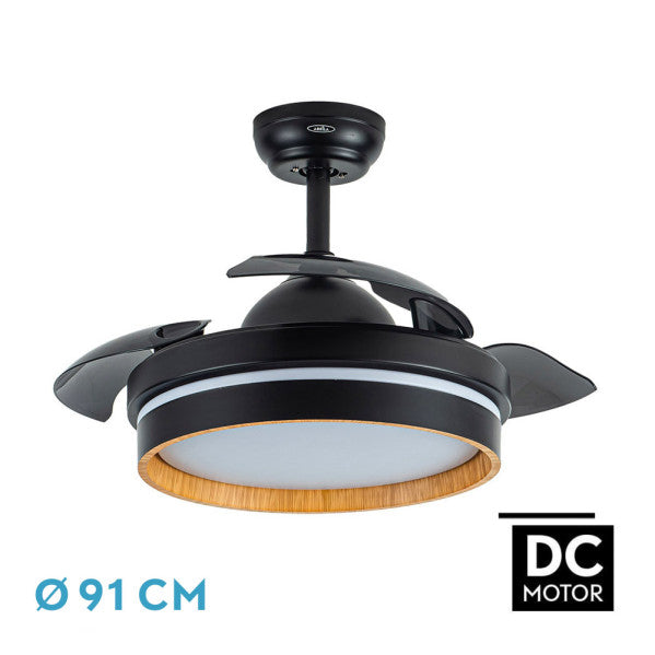 Ventilador de techo Nalon 48W negro/madera oscura, vista frontal, luzguru.com